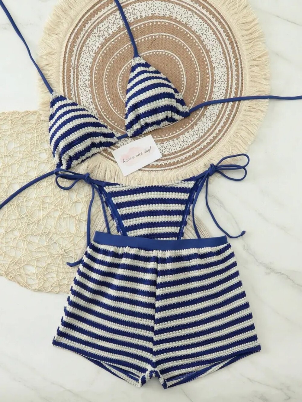 Striped Crochet Bikini Set with Shorts - Blue & White